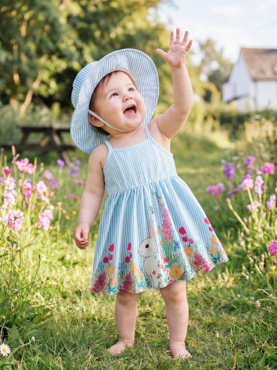 SHEIN Vintaside Kids 2pcs/Set Gaun Tanpa Lengan Model A-Line Motif Kelinci dan Bunga Garis-garis Biru Putih Lucu untuk Bayi Perempuan, Pakaian Liburan Musim Panas yang Segar untuk Pesta & Foto - Biru - View 1