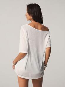 SCOOBY-DOO X SHEIN Women's Fashionable Versatile Asymmetrical Shoulder Letter Print Blouse - White - View 2