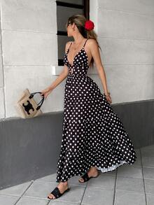 Pariaura Vestido holgado de verano con estampado de lunares, tirantes finos, bajo de parche, para mujer, estilo vacacional - Blanco y Negro - Ver 3