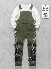 Young Boys Sleeveless Fashion Flame Pattern Black Denim Overalls - Army Green - View 6