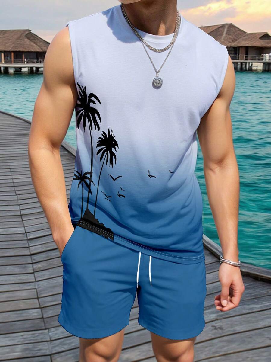 Manfinity RSRT Bộ đồ nam gồm áo tank top cổ tròn in hình cây cọ và quần short kiểu dáng thường ngày. - Nhiều màu - Xem 1