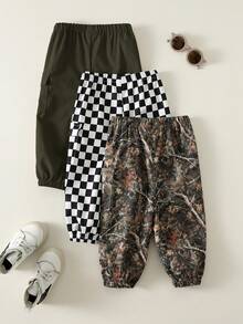 SHEIN 3pcs Baby Boy Casual Camouflage, Plaid, Solid Color Cargo Pants, Cargo Pants Set, Suitable For Summer, Spring, Autumn - Multicolor - View 2