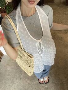 DAZY 女款純色紋理露背掛脖上衣校園風 - 米色 - 查看 5