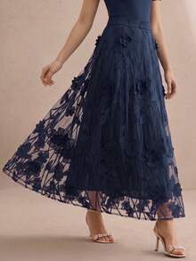 Anewsta Summer New Elegant Mesh 3D Floral A-Line Midi Skirt, Suitable For Daily Wear, Vacation, Dates - Blue - View 3