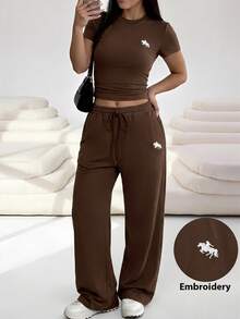 Solflare Plus Size Women's Spring/Summer Embroidered Knight Ruched Waist Short Sleeve T-Shirt And Casual Pants 2-Piece Set,For Daily Commute,Date, Commute, Party,Fall /Autumn/Winter/Summer,Christmas,New Year,Thanksgiving,Party,Wedding,Beach,Graduati,Chic,Sports,Casual,Going Out,Date,Appointment,Commute,Shining,Valentine's Day,Vacation,Casual,Y2k,Going Out,Graduation - Coffee Brown - View 1