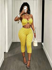 BamGleam Set de 2 piezas: Top halter sin espalda con estampado de lunares y leggings, para verano y sexy - Amarillo - Ver 3