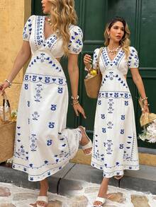 Elyressa Vestido midi de línea A con cuello en V, manga corta, estampado y cintura hueca, estilo vacacional - Multicolor - Ver 5