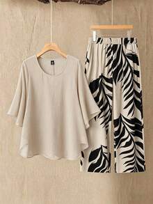 SHEIN LUNE CURVE 2pcs/Set Plus Size Women Chiffon Batwing Sleeve Set Fall - Apricot - View 1