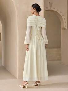 Graceveil Elegant Embroidered Chiffon Lantern Sleeve Swing Dress - Apricot - View 3