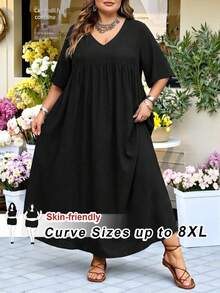 SHEIN CURVE+ Curve Size US22Music Festival, Seaside Vacation, Bohemia Women's Vacation Loose Ditsy Floral V-Neck Short Sleeve BabydollTeacher Dress - Black - View 4