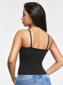 SHAPORA Seamless Padless Adjustable Strap Solid Color Lace Trim Front Mesh Base Top - Black - View 3