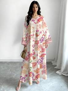 SHEIN Najma 碎花长裙，女士时尚V领长袖连衣裙，女士长款碎花连衣裙，优雅春夏长裙，阿拉伯风格女装 - 彩色 - 查看 3