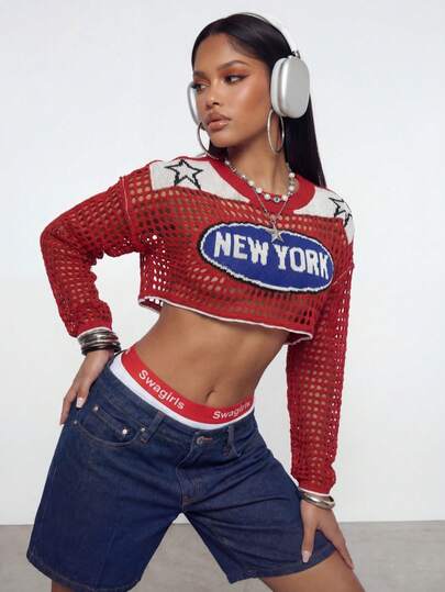 Gowayae Gowayae Y2K Street Wear American New York Retro Star Sexy Mesh Hollow Cropped Knit Top, Sheer Midriff Revealing Pullover Sweater For Women Red Autumn