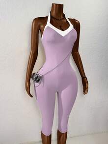 BamGleam Women's Versatile Contrast Color Halter Jumpsuit, Suitable For Daily Wear And Vacation Gym White Summer - Multicolor - View 7