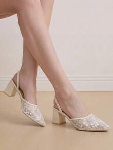 Eladyva New Chinese Style White High Heel Mules, Pointed Toe Lace Embroidery Convertible Sandals For Women,Summer Outfits - Beige - View 5