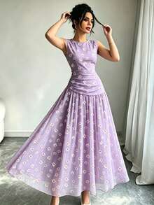 Modelyn Đầm không tay kiểu Pháp in hoa hồng, đầm dài nữ cổ khoét sâu, thiết kế xếp ly ở eo, đầm màu tím nhạt họa tiết hoa, phong cách nghỉ hè, trang phục thanh lịch mặc hàng ngày. - Nhiều màu - Xem 4