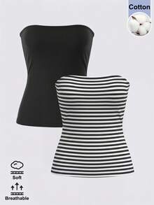 SHEIN BASICS 2件装女士夏季休闲度假日常通勤简约百搭纯色及条纹印花修身抹胸上衣 - 彩色 - 查看 7