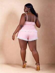 CurvyTilda Plus Size Pink & White Lace Patchwork Camisole Top And Shorts 2 Pieces Set, For Hourglass Body Shape - Pink - View 2