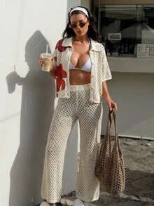 EURMUSE Black And Red Floral Print Mesh Cover Up Top And High Waist Wide Leg Pants Two Pieces Set For Women - Cream - View 4