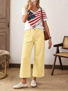 EMERY ROSE Plus Size Women Loose Fit Pockets Wide Leg Casual Jeans Holiday Vacation Light Yellow Summer - Yellow - View 3