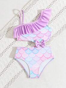 SHEIN Young Girl Iridescent Fish Scale Pattern High Elasticity Soft Comfortable One-Piece Swimsuit - Purple - View 3