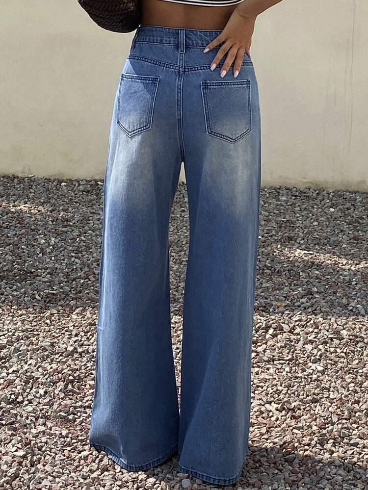 Shiny Distressed Washed Loose Wide Leg Jeans, Casual Vacation Summer Pants For Women