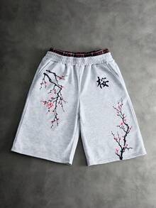 PAVTROS 男士休闲裤 - 灰色和粉色梅花、樱花枝印花，字母图案运动裤/慢跑裤。复古街头风，融合东方艺术美学；抽绳腰带设计，宽松阔腿，适合日常出行和度假穿着。舒适透气，也可作为家居服穿着。男士抽绳腰带樱花印花运动裤，七分裤长，动漫风格图案，街头潮流单品。 - 彩色 - 查看 3