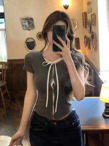 DAZY 女款前綁帶短袖羅紋休閒T恤 - 灰色 - 查看 3