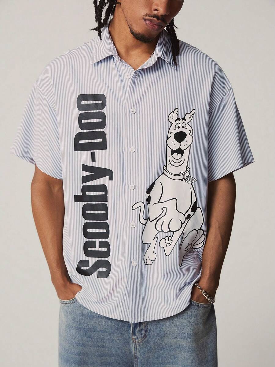 SCOOBY-DOO X SHEIN Men's Striped Short Sleeve Single-Breasted Shirt - Light Grey - View 1