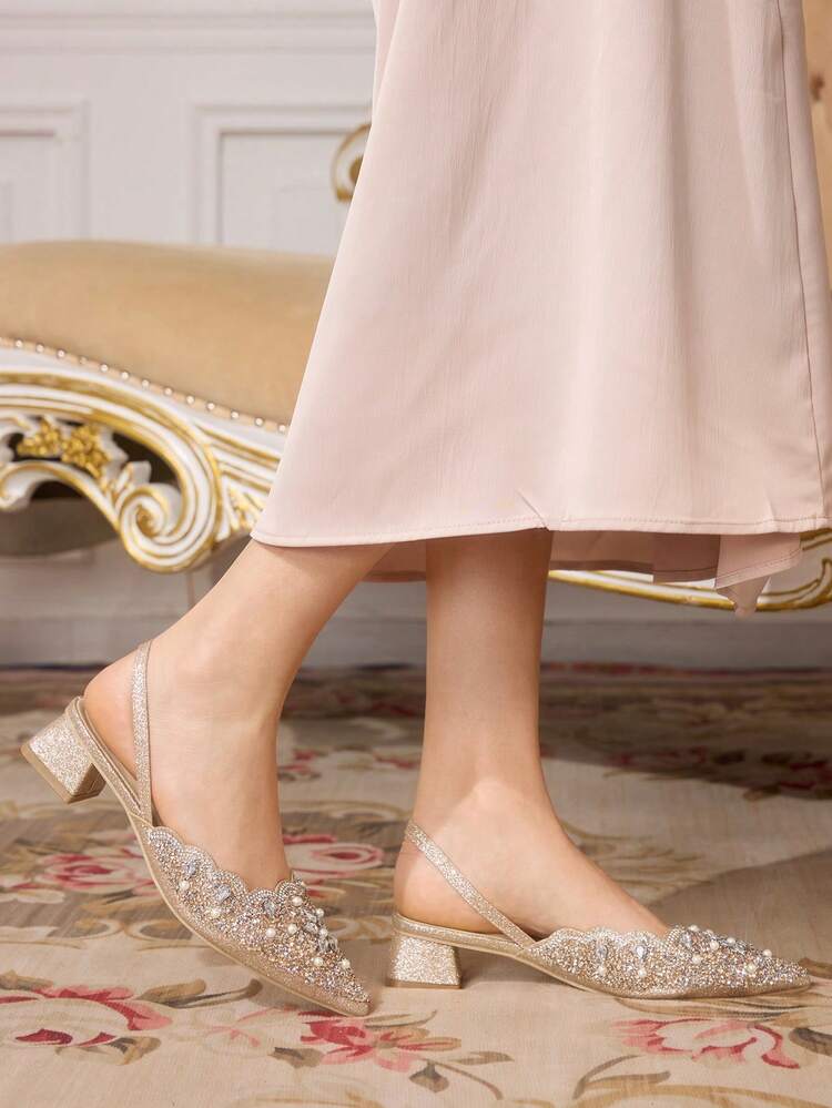 CUCCOO TILAWA Ladies' Fashionable And Elegant Thick Heel, Rhinestone Pointed Laser Lace Champagne Women's High-Heeled Shoes, Suitable For Banquets, Parties And Other Occasions