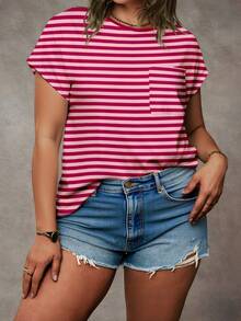 EMERY ROSE Plus Size Pink Horizontal Striped Print Round Neck Dolman Short Sleeve Patch Pocket Curved Hem Casual T-Shirt Women Summer Vacation Tee Gym Holiday - Multicolor - View 3
