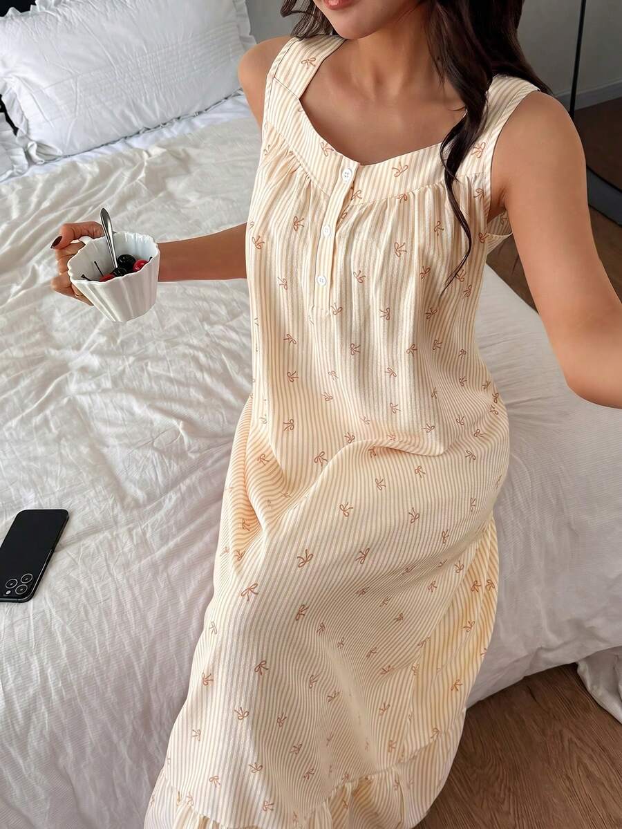 Napfluff Ruffle Hem Striped Bow Print Sleeveless Cute Women Nightgown - Yellow - View 1