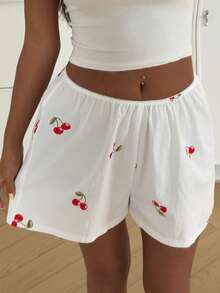 DAZY Women's 100% Cotton Cherry Print Loose Pajama Shorts, Summer - White - View 9