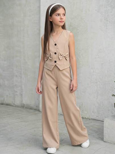 Set de 2 piezas con top sin mangas color caqui con decoración de lazo y pantalones de pierna ancha, conjunto casual para uso diario, eventos, formal, vuelta al colegio