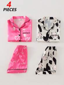 SHEIN Playful Pals 女童奶牛爱心睫毛印花翻领仿丝短裤套装，家居服 - 彩色 - 查看 5