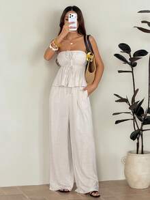 SHEIN PETITE Bộ 2 món áo không tay và quần dài cho nữ, màu trơn, kiểu dáng tối giản, thích hợp cho mùa hè. - Màu be - Xem 3