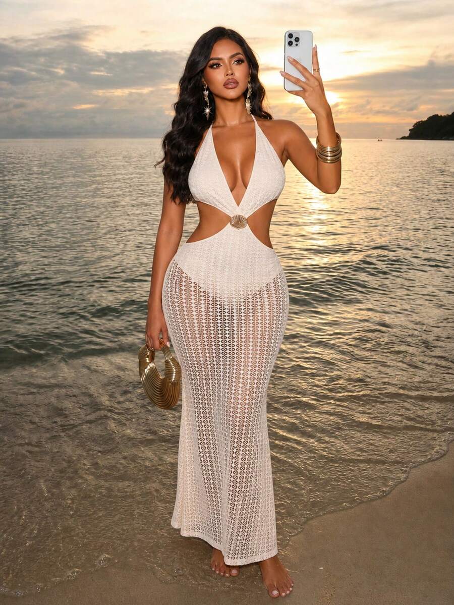 SOLERSUN Women's Cream White Summer Casual Beach Holiday Vacation Crochet Cutout Maxi Dress,Fake Two Pieces Halter Backless Mermaid Sheer Cover Up Outfits - Apricot - View 1