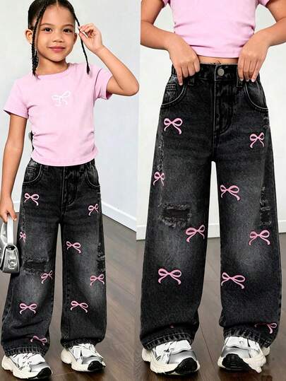 Toddler Girls' Loose Fit Flared Jeans, Summer Casual Denim Pants With Bow Print, Elastic Waist & Faux Chain Decor, Versatile For Outdoor & Daily Wear