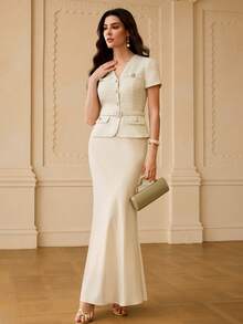 ZEYLAH Elegant Short Sleeve Mermaid Hem 2 In 1 Dress, Spring/Summer - Apricot - View 1