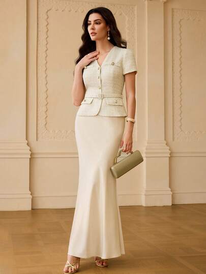 ZEYLAH Elegant Short Sleeve Mermaid Hem 2 In 1 Dress, Spring/Summer