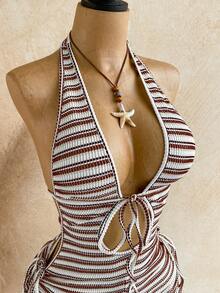 Soleia White And Brown Knit Textured Hollow Out Drawstring Jumpsuit,Summer Boho Beach Vacation Holiday Holiday, Floral Bohemian For Party - Multicolor - View 8