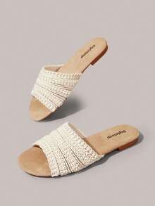 Styleloop Sandal Wanita Anyaman Warna Beige, Gaya Liburan, Segar, Kasual dan Nyaman, Sandal Pantai Gaya Bohemian, Penting untuk Perjalanan, Pakaian Musim Panas, Suasana Liburan - ketan rice putih - View 4