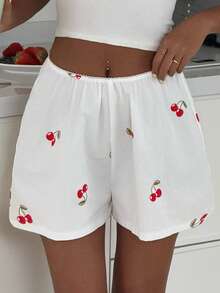 DAZY Women's 100% Cotton Cherry Print Loose Pajama Shorts, Summer - White - View 13