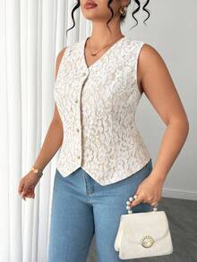 Elenzga Plus Size Women Elegant Lace Single-Breasted Vest - Apricot - View 4