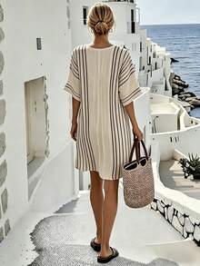 SHEIN Holidaya Robe de vacances décontractée à rayures pour femmes - Tabac - Voir 2