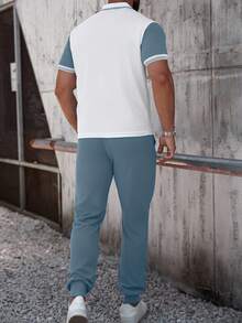 Manfinity CasualCool Setelan Kemeja Polo Lengan Pendek dan Celana Kasual Saku Pria dengan Blok Warna, Cocok untuk Perjalanan dan Jalan-jalan - Dusty Blue - View 2