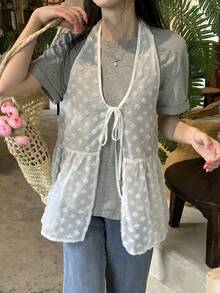 DAZY 女款純色紋理露背掛脖上衣校園風 - 米色 - 查看 7