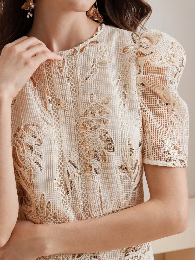 Women's Elegant White Summer Sequin Embroidery Dress, Lace Trim Round Neck Short Sleeve Gown For Dining,Vacation,Dates,Festivals & Parties