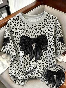 Franclia Áo thun nữ màu xám in họa tiết da báo, áo tay ngắn đính sequin và nơ lưới màu đen, áo thun cổ tròn kiểu dáng thường ngày, món quà hoàn hảo dành cho bạn bè. - Nhiều màu - Xem 2