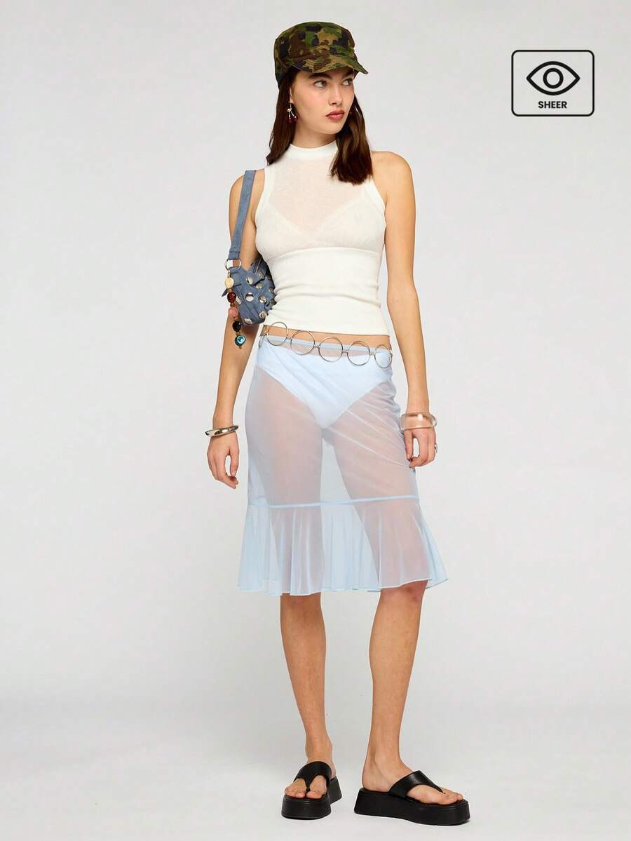 COUREZ Light Blue Y2k Summer Mesh Midi Skirt For Women,Low Rise Sheer Cute Party Outfits,Festival Spring Outfits, Blue Skirts - Baby Blue - View 1